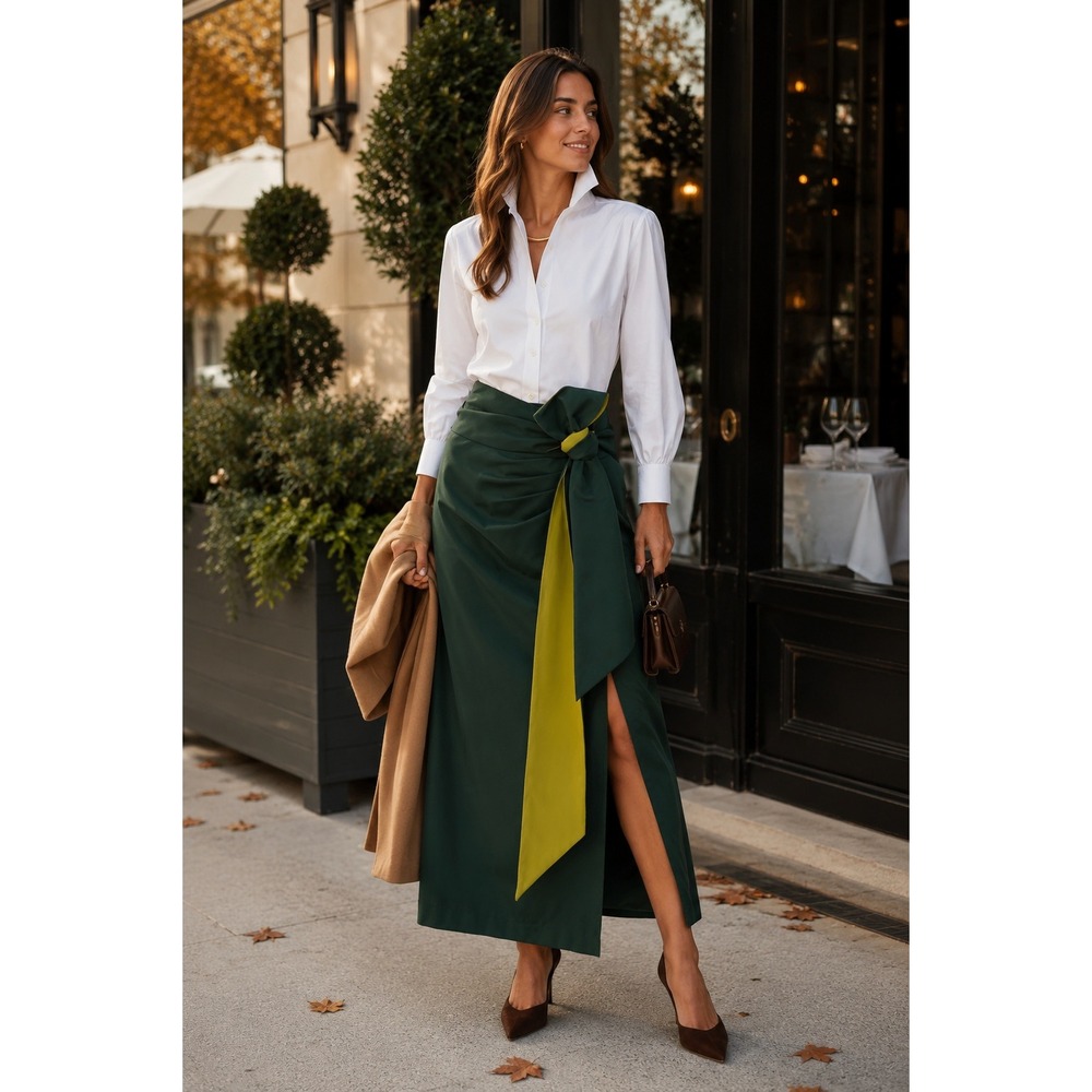 Tuckernuck Angelise Taffeta Wrap Tie Maxi Skirt Forest Green Large